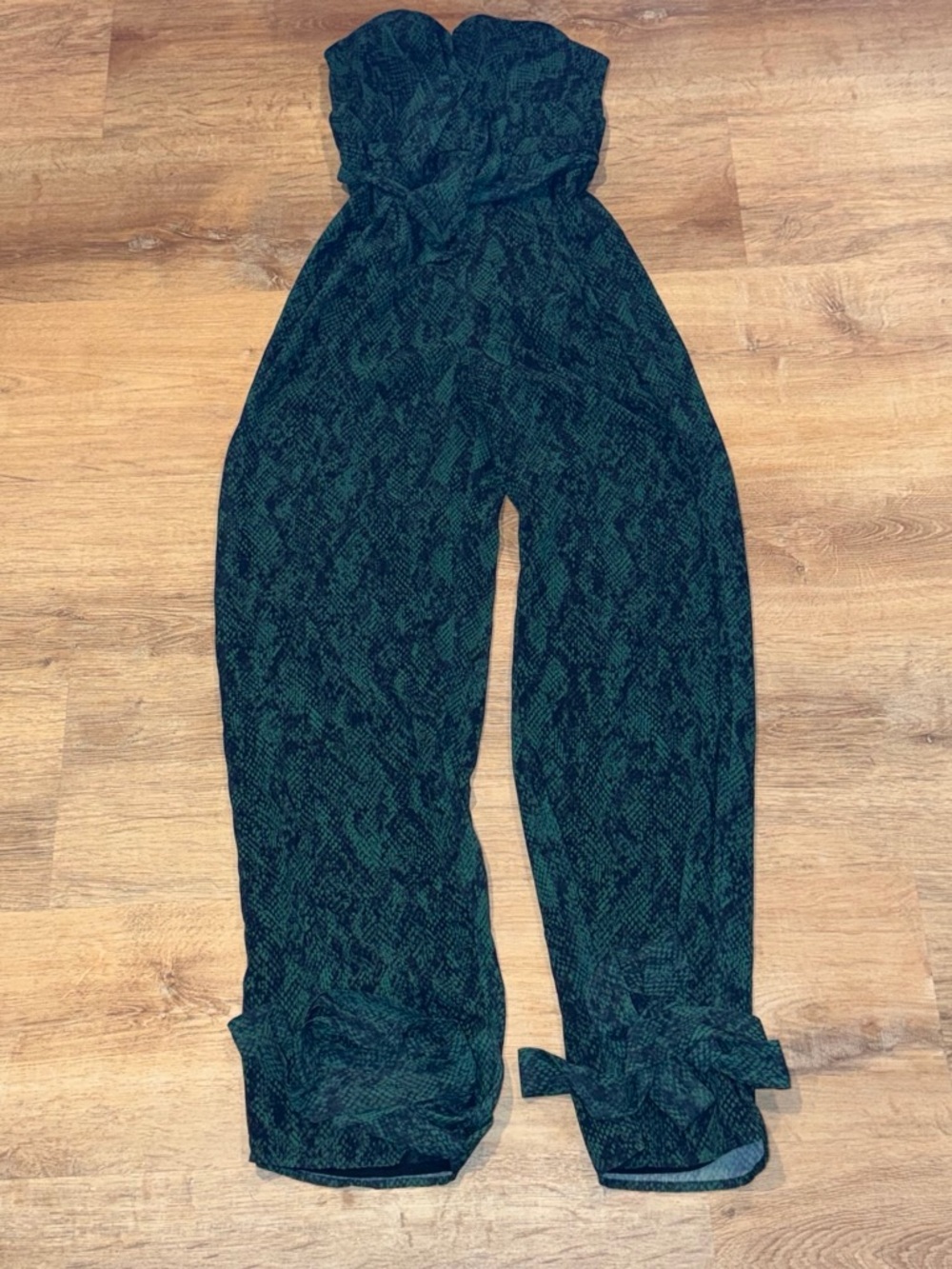Michael Costello Strapless Dark Green Patterned Jumpsuit